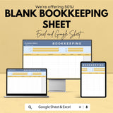 Blank Bookkeeping Spreadsheet Template | Google Sheets & Excel | Income Expense Tracker | Business Finance Log | Editable Accounting Sheet