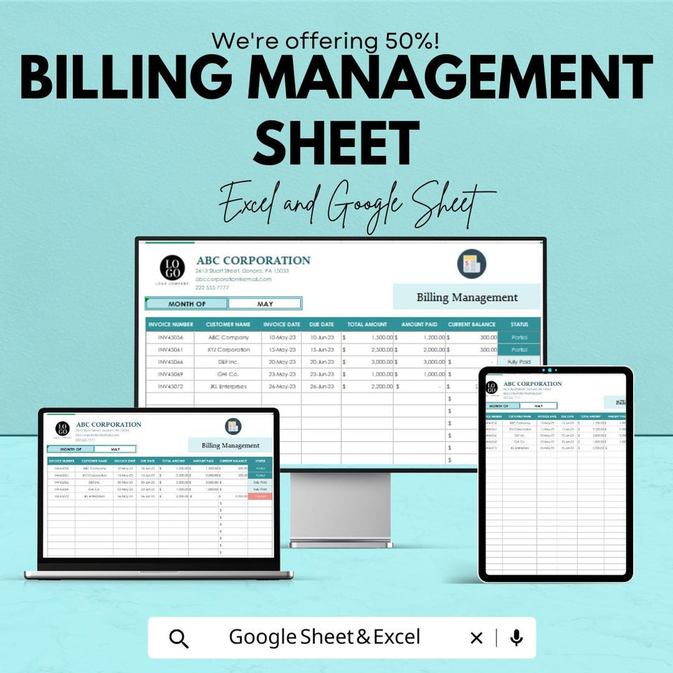 Billing Management Template - Excel & Google Sheets | Invoice Tracker | Payment Tracking Sheet