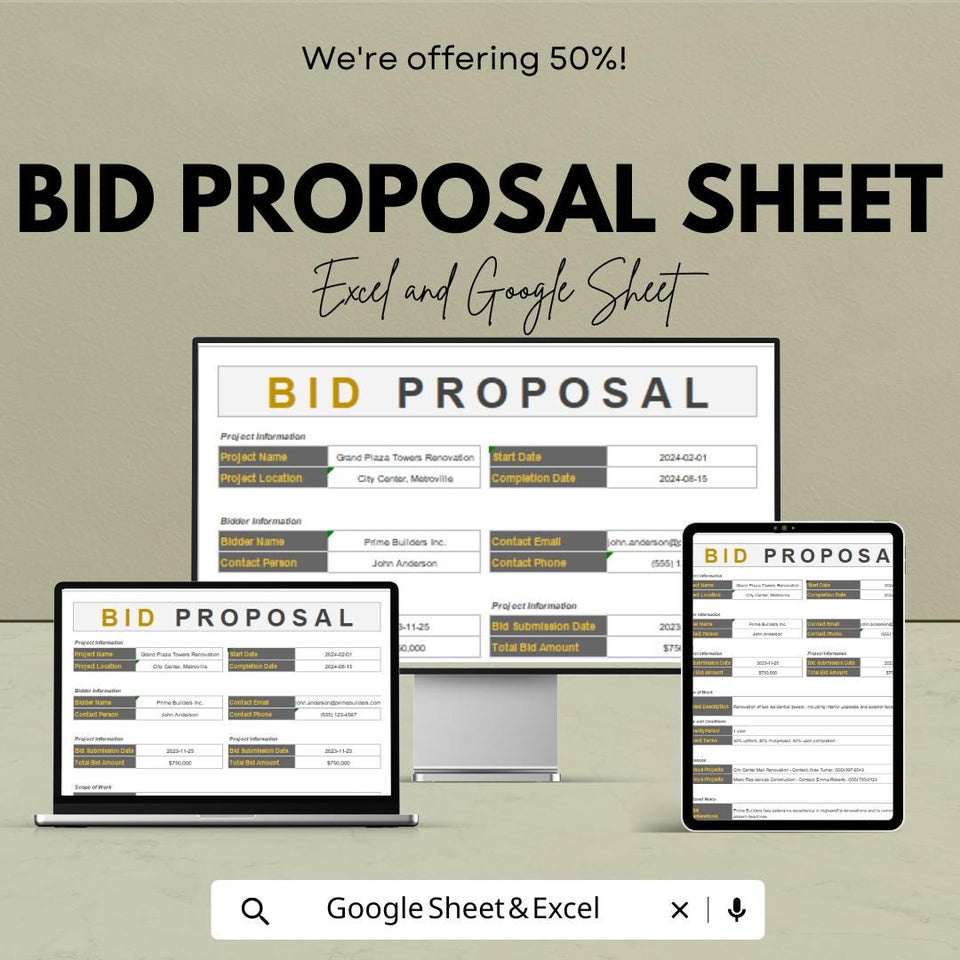 Bid Proposal Template - Excel & Google Sheets | Professional Proposal Generator | Project Bid Template