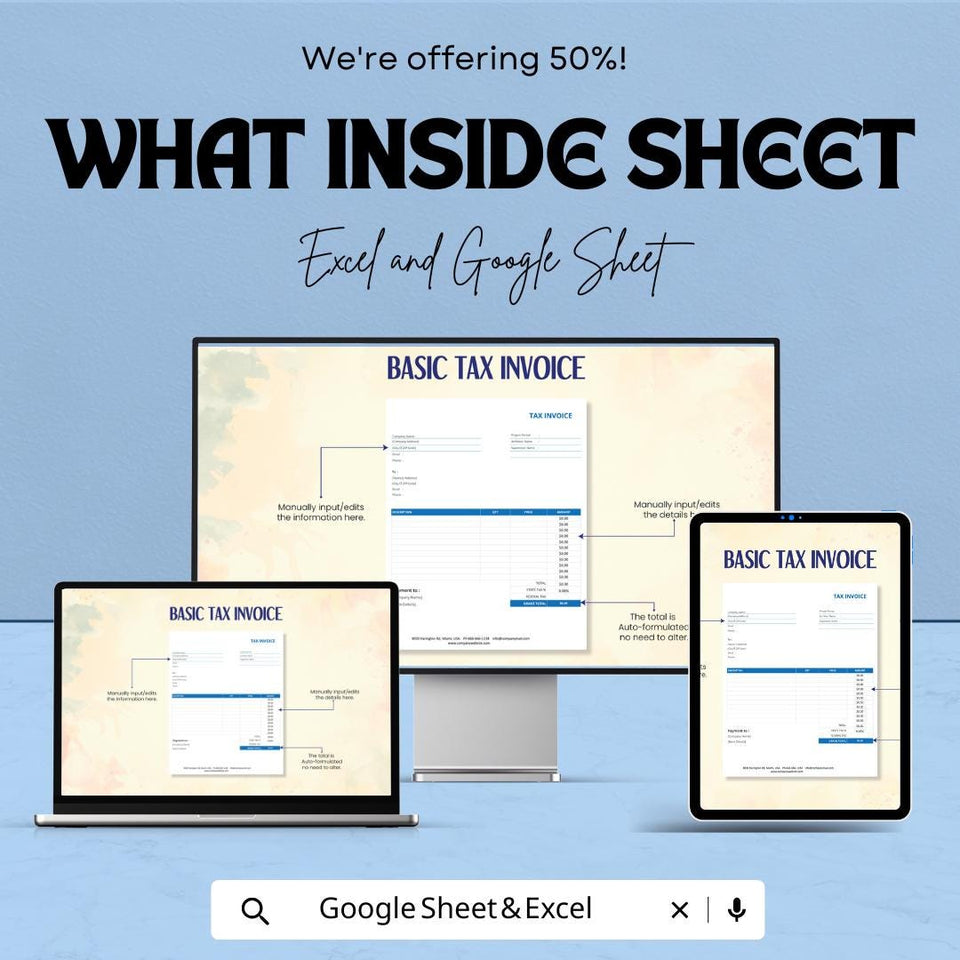 Basic Tax Invoice Template - Excel & Google Sheet, Customizable, Professional Tax Billing, Easy to Use