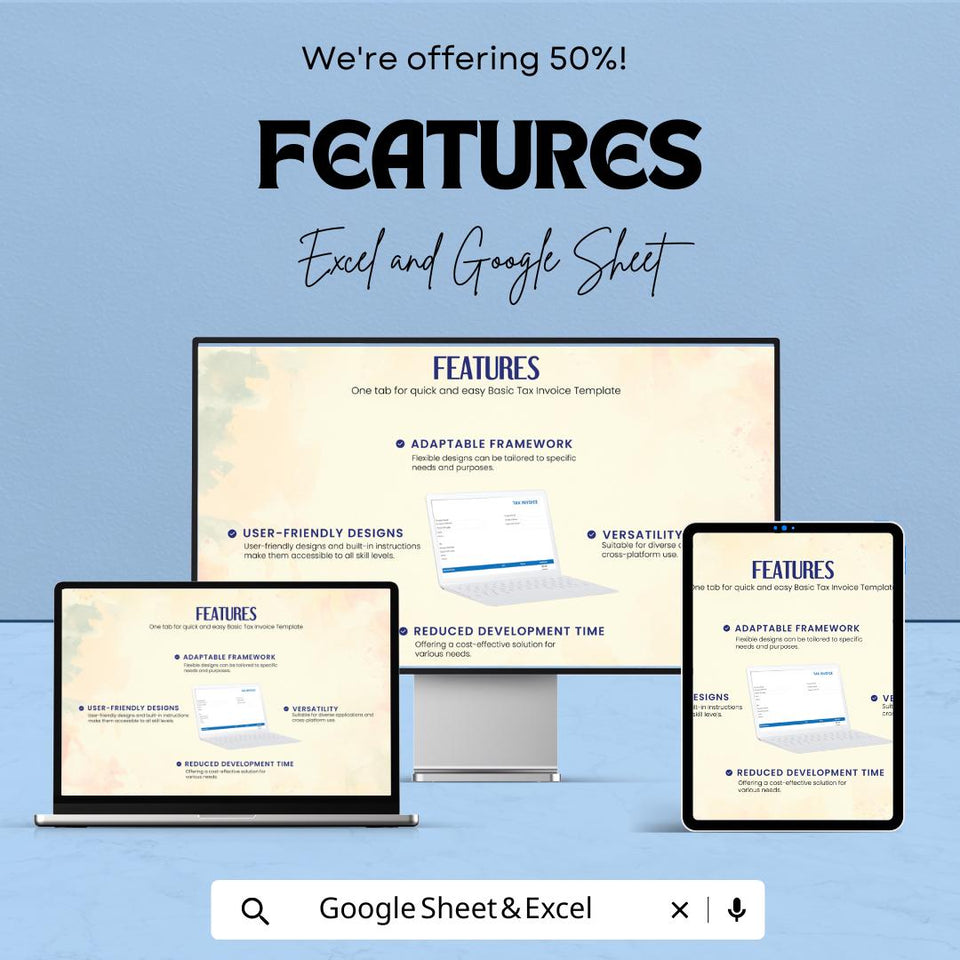 Basic Tax Invoice Template - Excel & Google Sheet, Customizable, Professional Tax Billing, Easy to Use