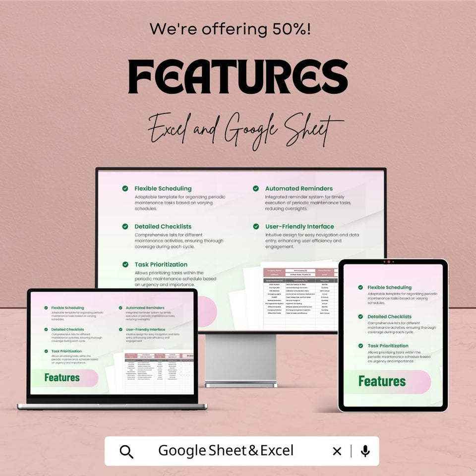 Periodic Maintenance Schedule Sheet - Google Sheets Template - Track Equipment, Service Dates & Maintenance Tasks - Customizable Planner