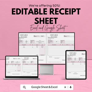 Editable Receipt Sheet - Customizable Excel & Google Sheets Template for Professional Receipts