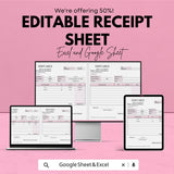 Editable Receipt Sheet - Customizable Excel & Google Sheets Template for Professional Receipts
