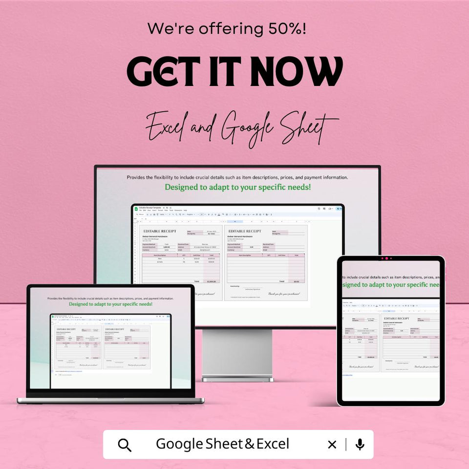 Editable Receipt Sheet - Customizable Excel & Google Sheets Template for Professional Receipts