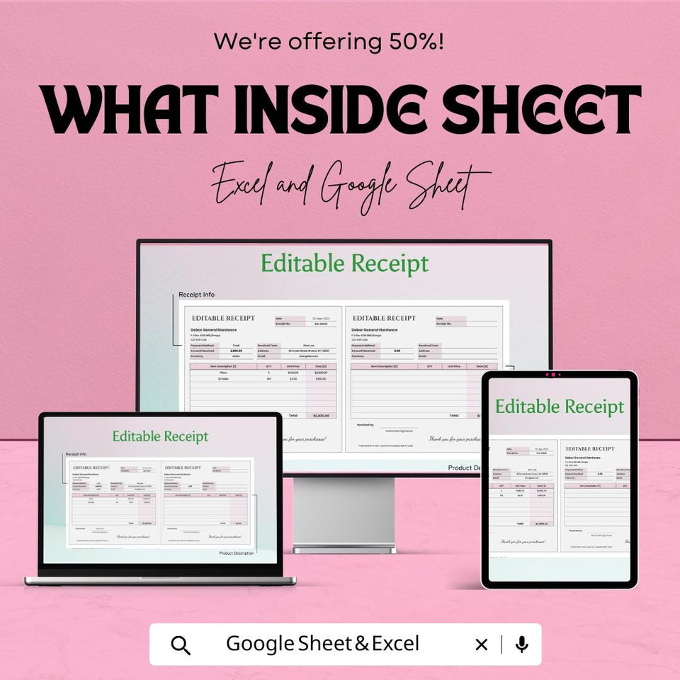 Editable Receipt Sheet - Customizable Excel & Google Sheets Template for Professional Receipts
