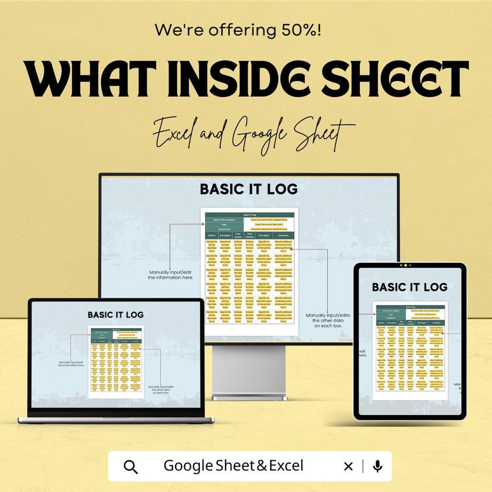 Basic IT Log Sheet | Google Sheets & Excel Template | Editable IT Activity Tracker, Time Log, Task Record Sheet for Teams