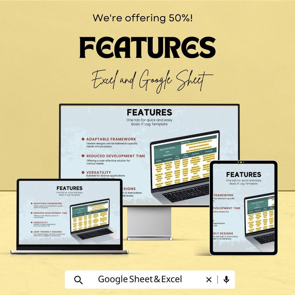Basic IT Log Sheet | Google Sheets & Excel Template | Editable IT Activity Tracker, Time Log, Task Record Sheet for Teams