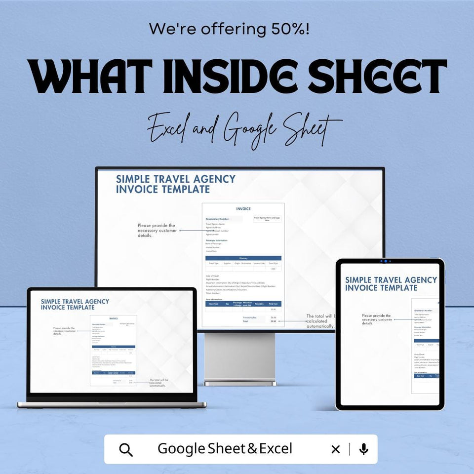Simple Travel Agency Invoice Sheet - Excel and Google Sheets | Customizable Travel Invoice Template | Reservation & Payment Tracker