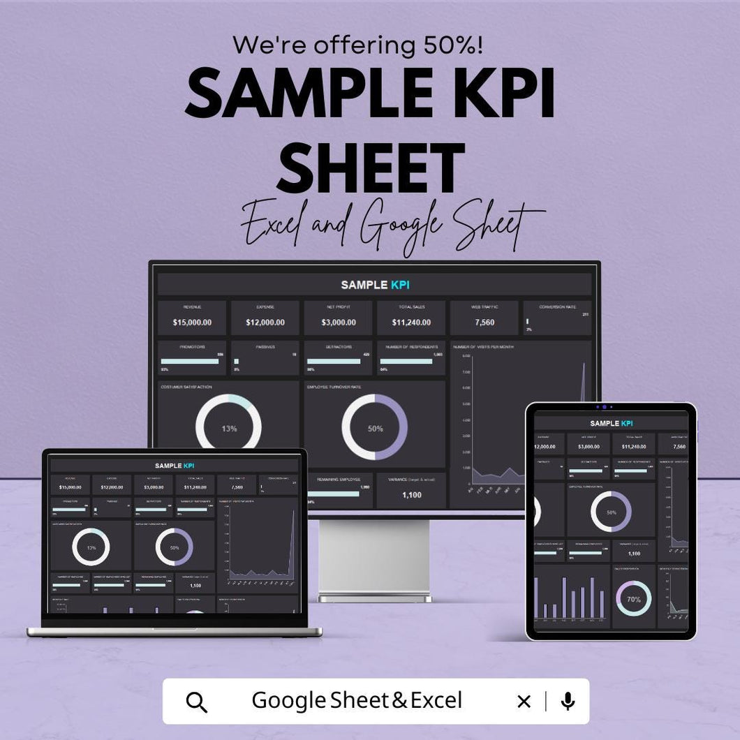 Sample KPI Sheet - Excel & Google Sheet | Performance Metrics Dashboard | Business Goal Tracker | Excel KPI Template