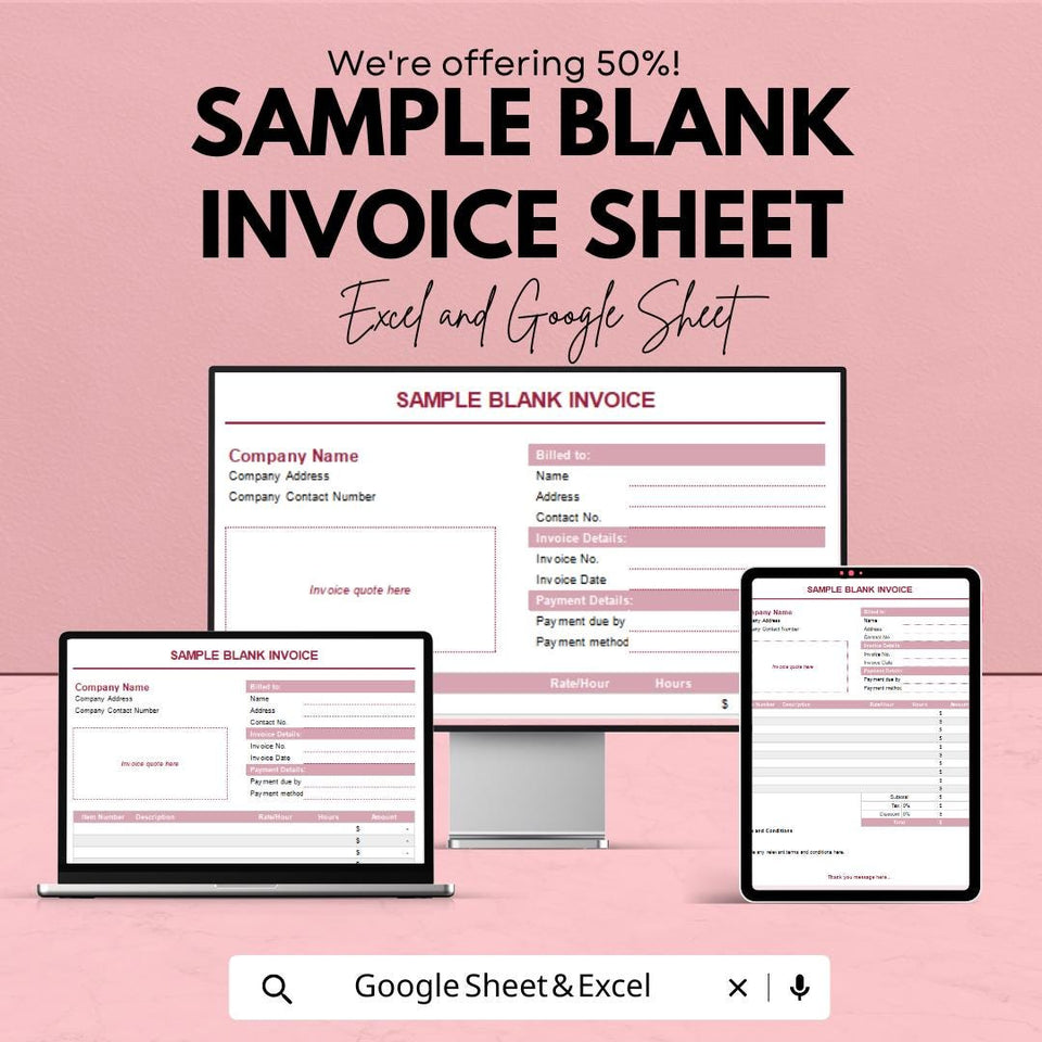 Sample Blank Invoice Template – Editable Excel  andGoogle Sheet | Professional Invoice for Business & Freelancers | Instant Download