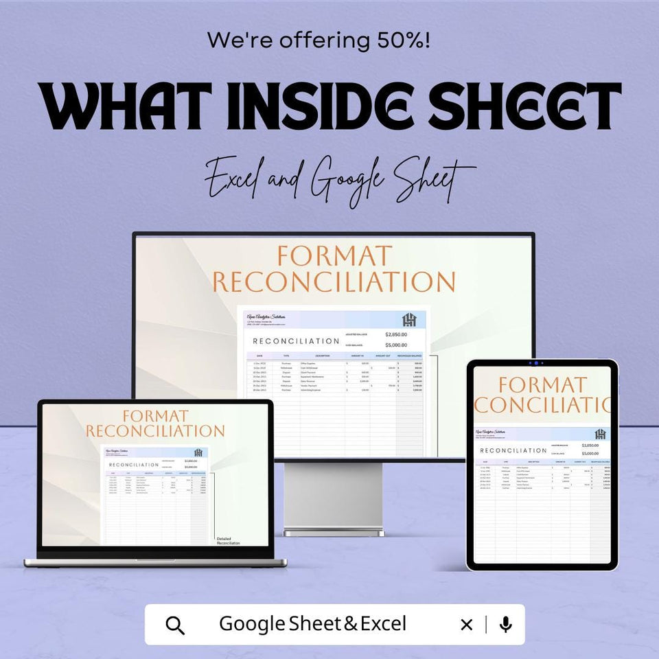 Reconciliation Template – Editable Excel and Google Sheet | Financial Reconciliation & Balance Tracking | Instant Download