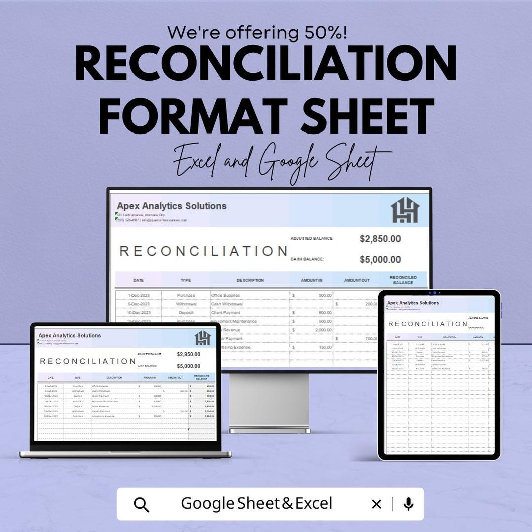 Reconciliation Template – Editable Excel and Google Sheet | Financial Reconciliation & Balance Tracking | Instant Download