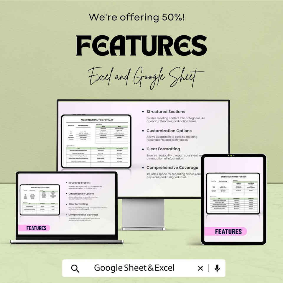 Meeting Minutes Template – Editable Excel & Google Sheet | Professional Meeting Documentation Format | Instant Download