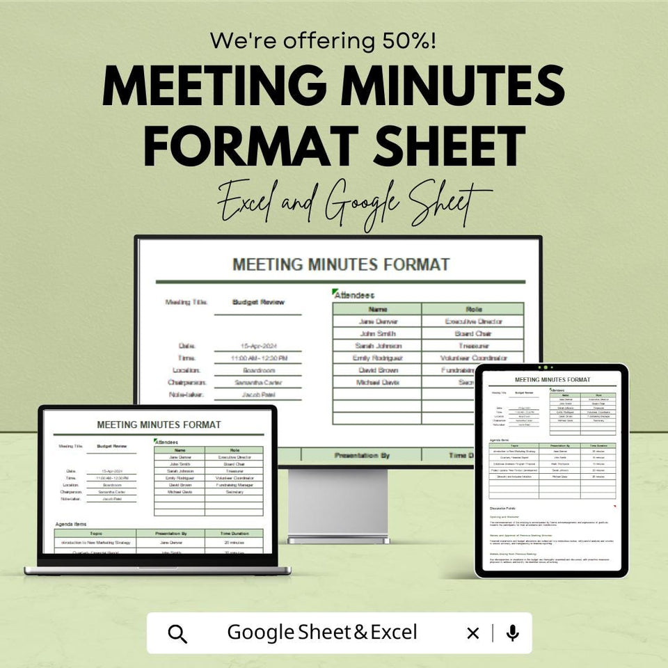 Meeting Minutes Template – Editable Excel & Google Sheet | Professional Meeting Documentation Format | Instant Download