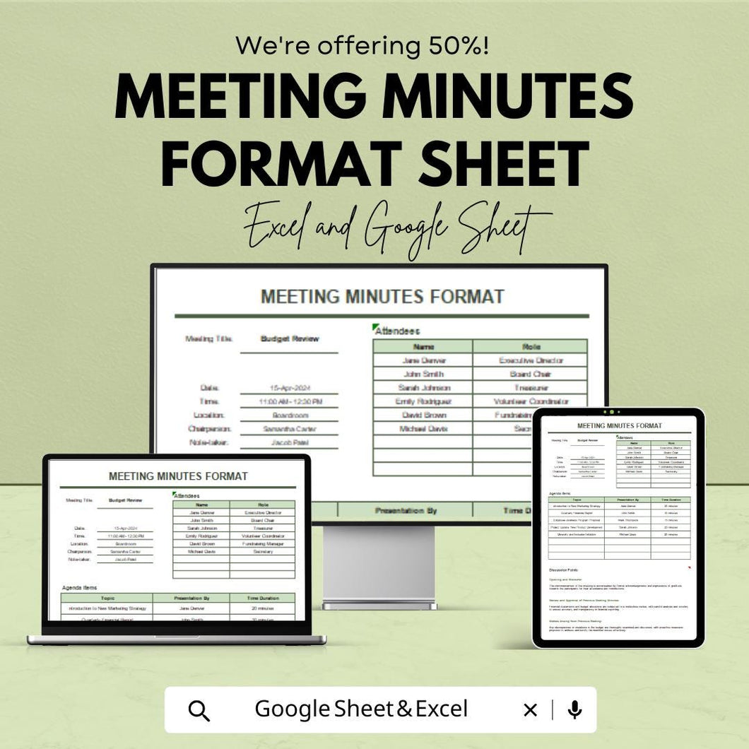 Meeting Minutes Template – Editable Excel & Google Sheet | Professional Meeting Documentation Format | Instant Download