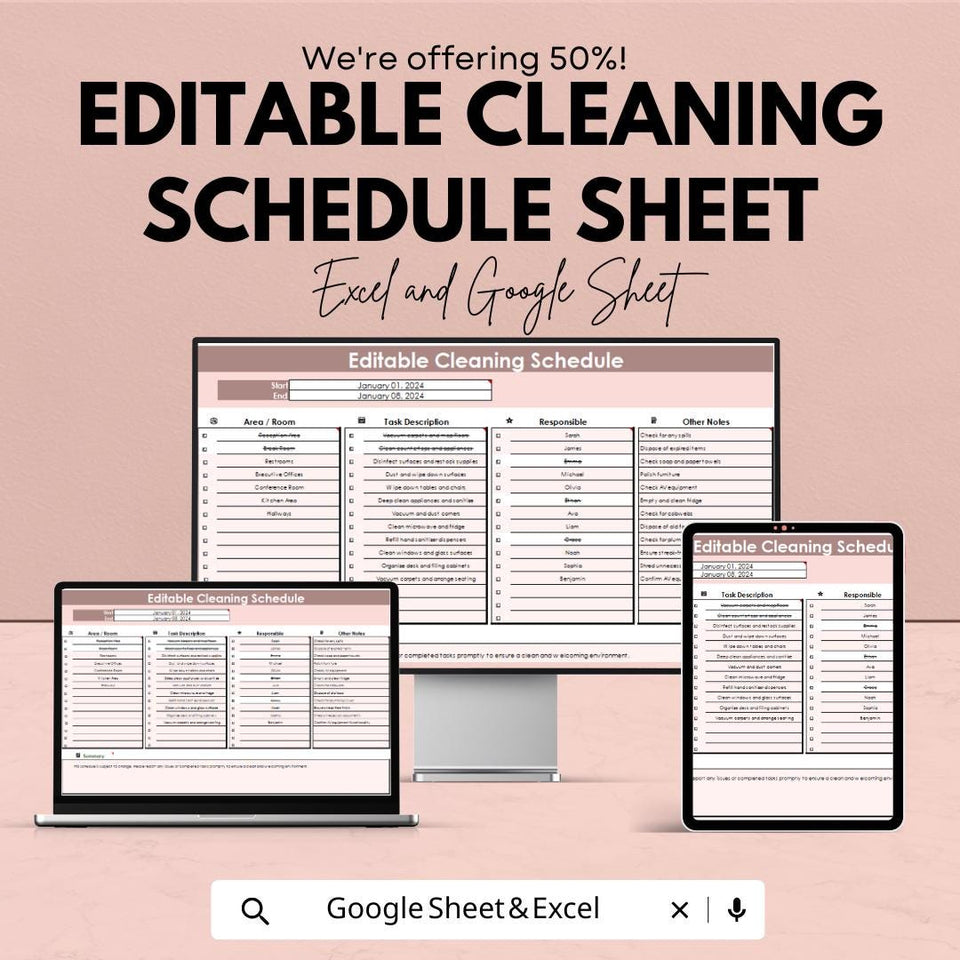 Editable Cleaning Schedule Sheet | Google Sheets and Excel Template | Customizable Cleaning Planner | Task & Duty Management |