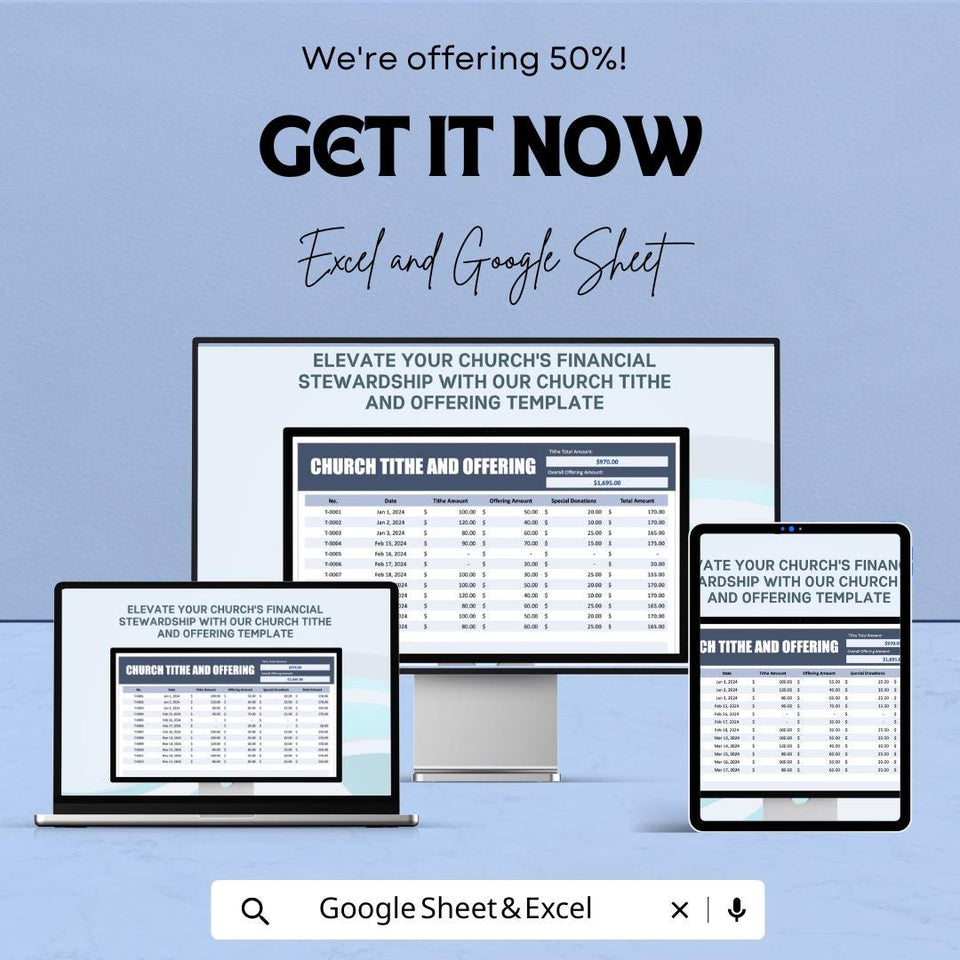 Church Tithe and Offering Sheet - Customizable Excel and Google Sheet Template - Easy-to-Use for Churches & Religious Organizations