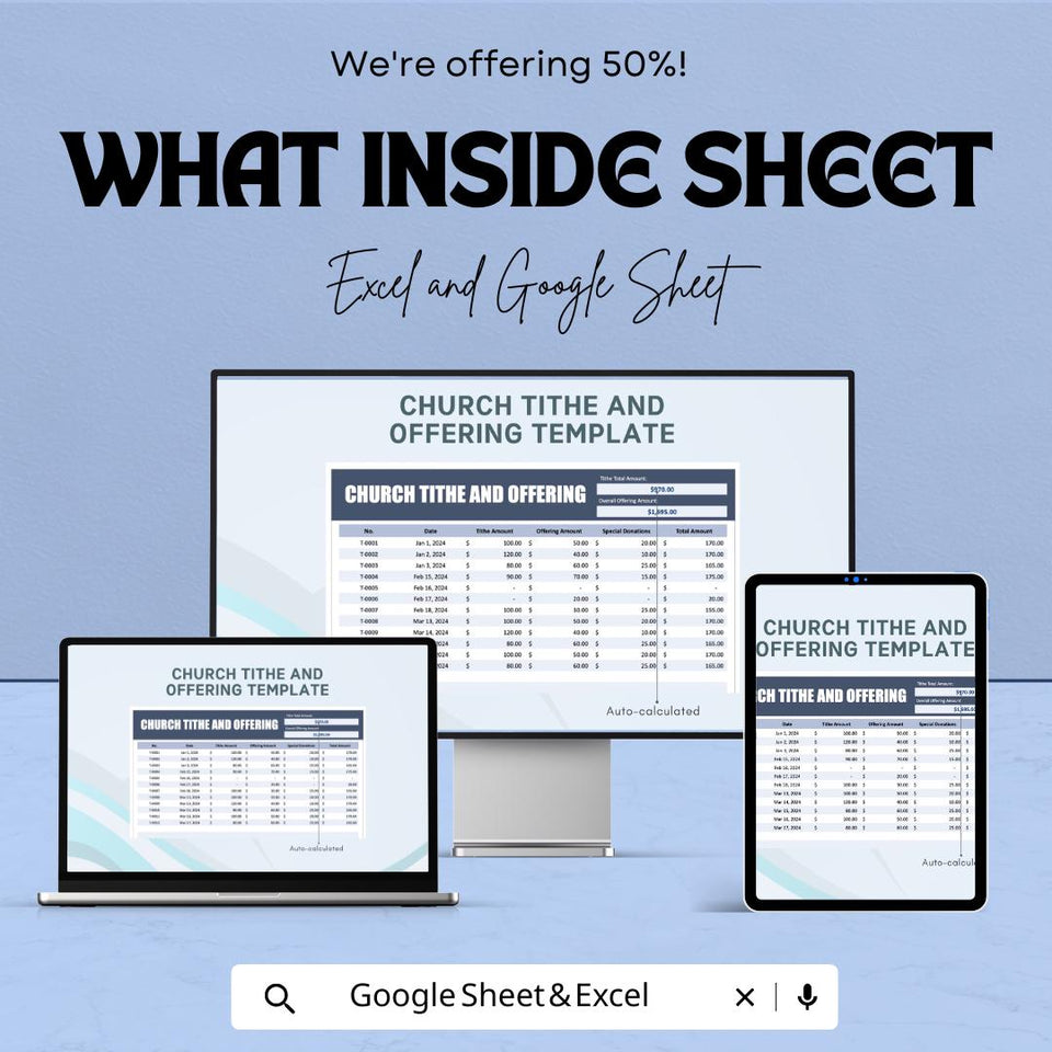Church Tithe and Offering Sheet - Customizable Excel and Google Sheet Template - Easy-to-Use for Churches & Religious Organizations