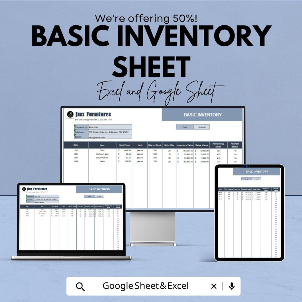 Basic Inventory Sheet Template | Excel & Google Sheets | Inventory Management Tool
