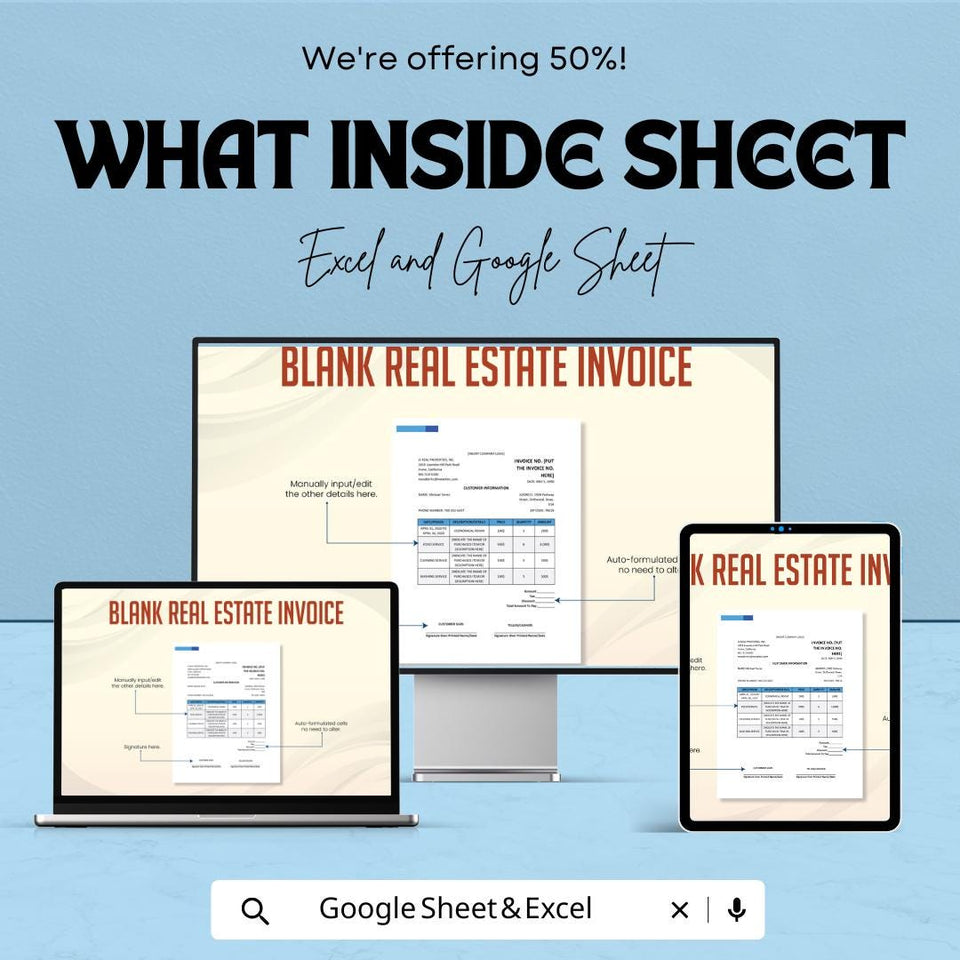 Blank Real Estate Invoice Sheet | Excel & Google Sheets Template | Customizable Real Estate Invoice | Instant Download |