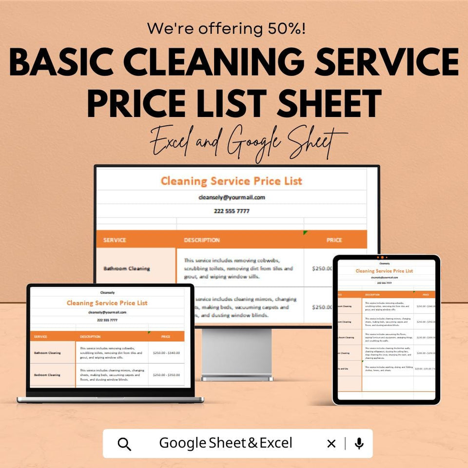 Cleaning Service Price List Template | Google Sheets & Excel | Editable Pricing Sheet | Housekeeping Rate Chart | Instant Download