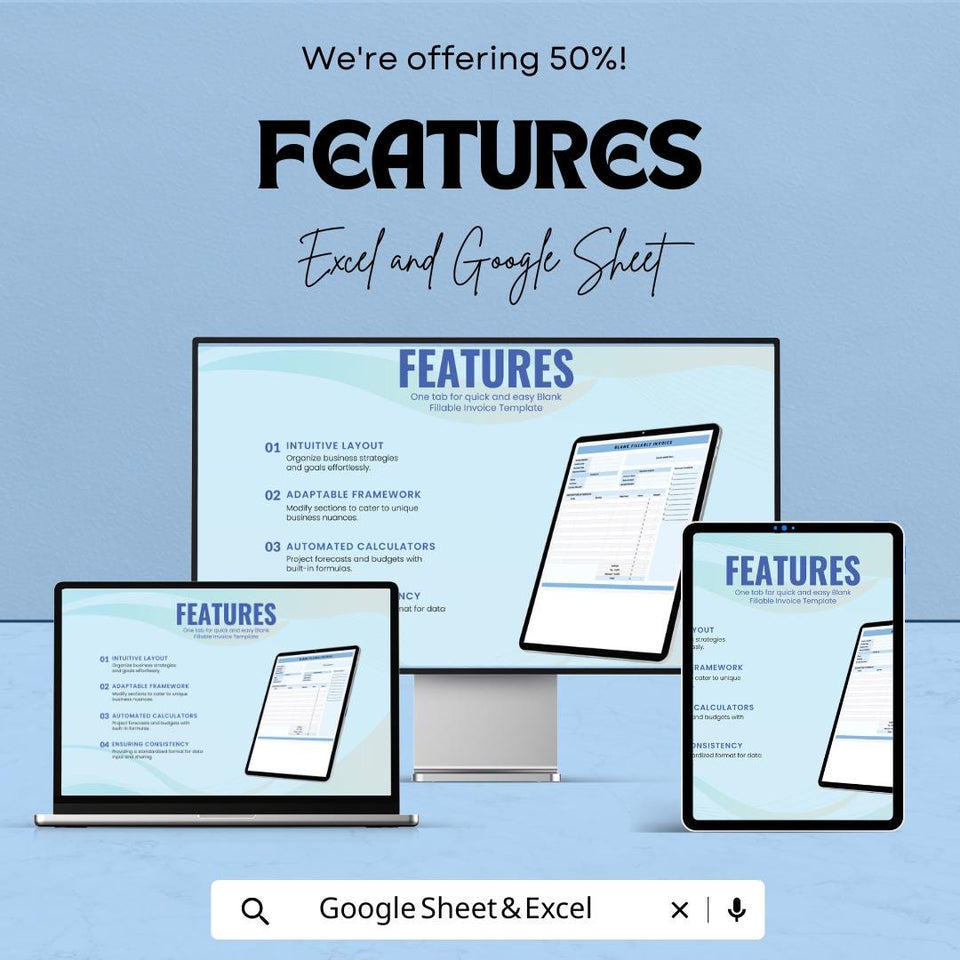 Blank Fillable Invoice Template - Customizable Excel & Google Sheets - Professional, Easy-to-Use