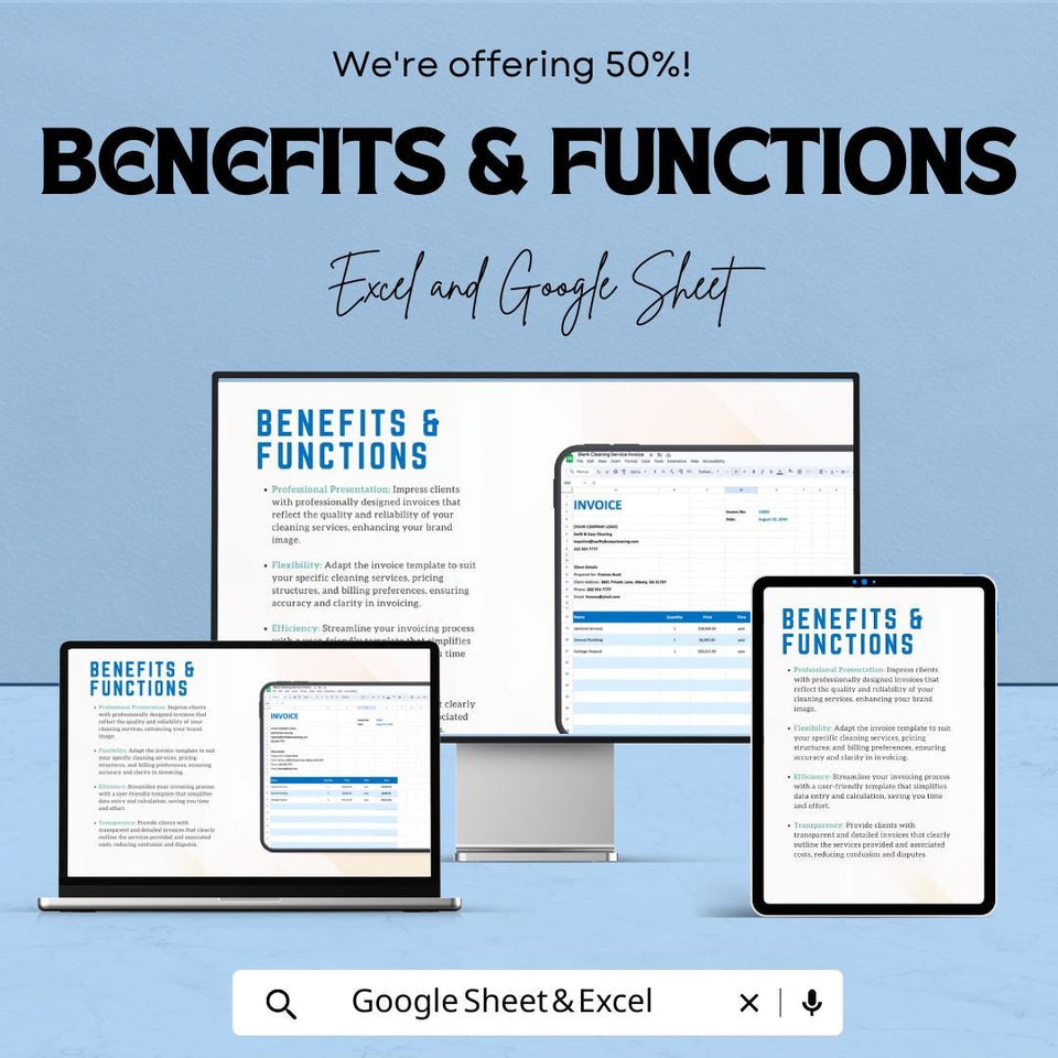 Blank Cleaning Service Invoice Template - Customizable Excel & Google Sheets - Professional, Easy-to-Use