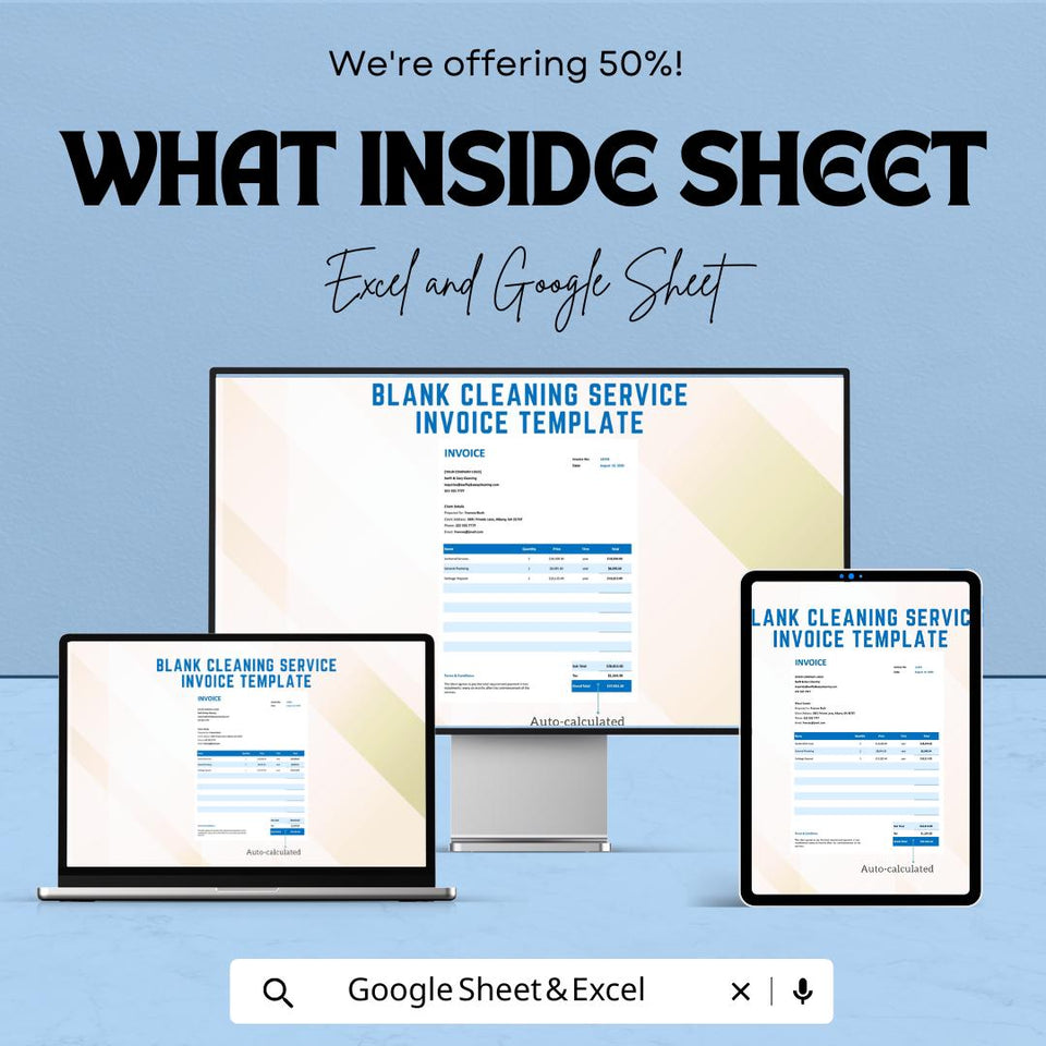 Blank Cleaning Service Invoice Template - Customizable Excel & Google Sheets - Professional, Easy-to-Use