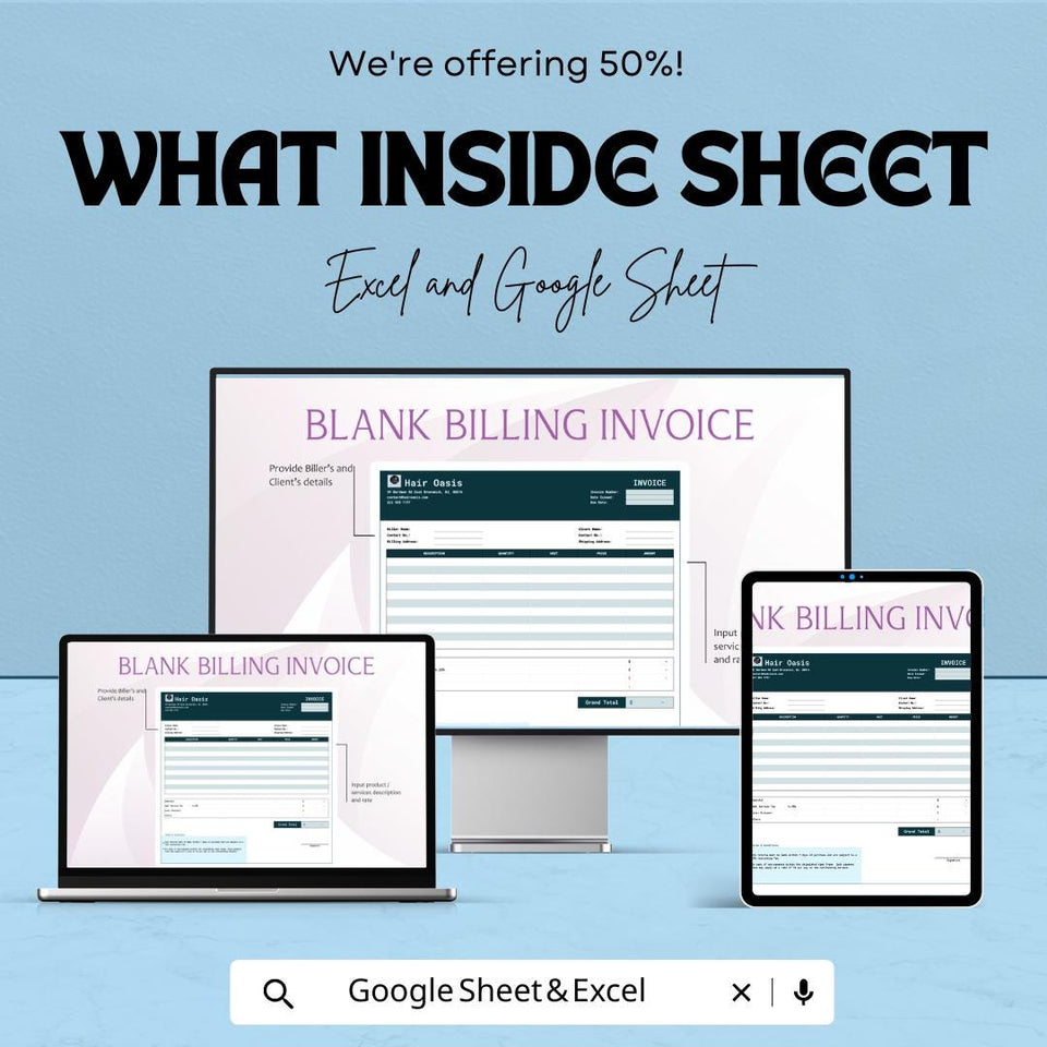 Blank Billing Invoice Sheet | Excel & Google Sheets Template | Invoice Generator | Customizable Billing Template | Instant Download