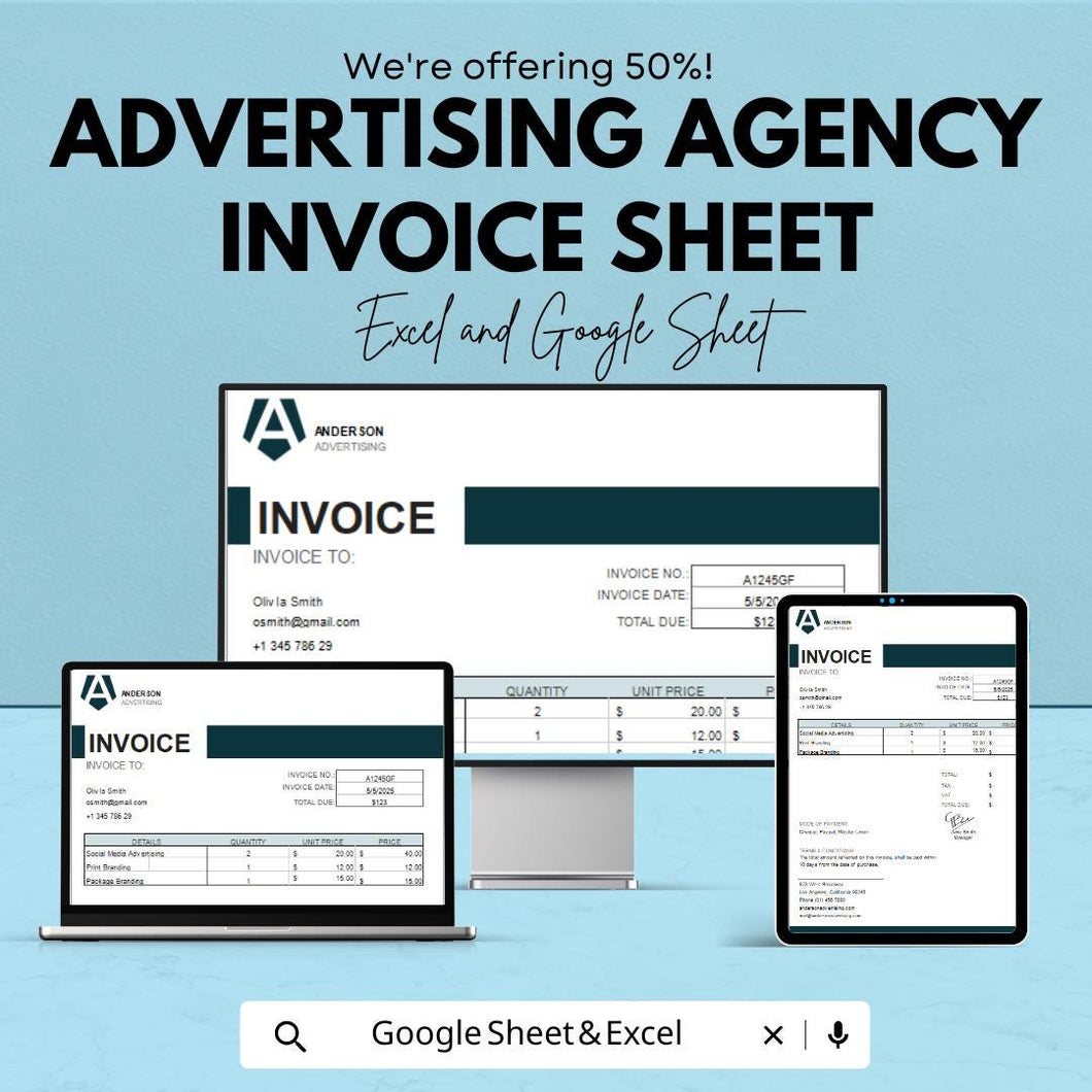 Advertising Agency Invoice Template - Excel & Google Sheets - Customizable, Professional, Easy-to-Use