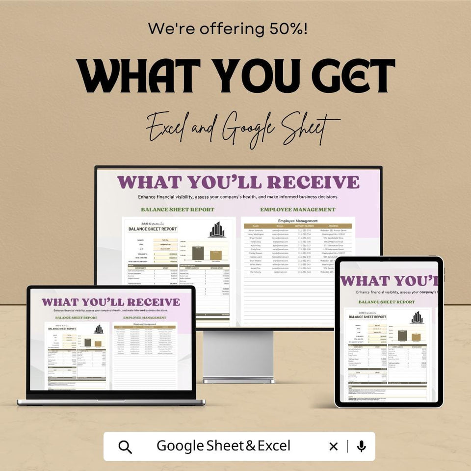 Balance Sheet Report Template - Excel & Google Sheets | Financial Analysis Tool | Budgeting and Accounting Spreadsheet