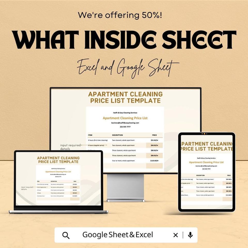 Apartment Cleaning Price List Sheet | Editable Google Sheets & Excel Template | Service Rate Chart, Cleaning Quote List for Businesses