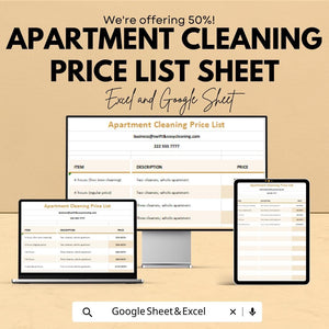 Apartment Cleaning Price List Sheet | Editable Google Sheets & Excel Template | Service Rate Chart, Cleaning Quote List for Businesses