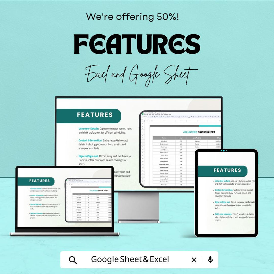 Volunteer Sign-In Sheet | Excel and Google Sheet Template | Track Volunteer Hours & Activities | 50% Off