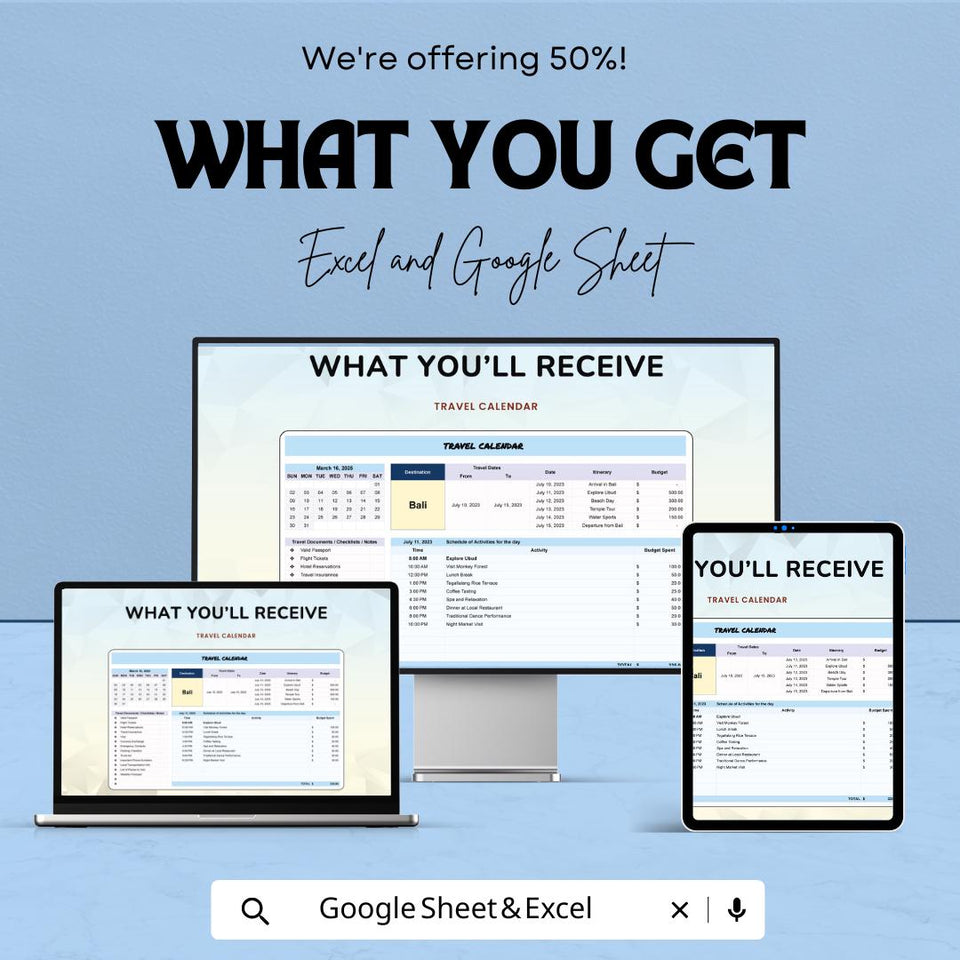 Travel Calendar Sheet | Excel and Google Sheets | Vacation Planner | Budget & Activity Tracker | 50% Off
