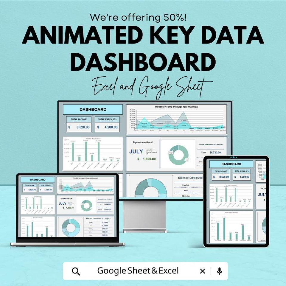 Animated Key Data Dashboard | Google Sheets and Excel Template | Interactive Business KPI Report | Expense Tracker & Income Report