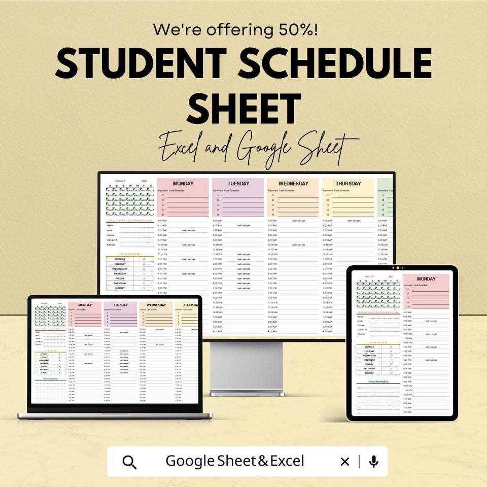 Student Schedule Sheet | Printable Study Planner | Google Sheets & Excel Template | Weekly Planner | Time Management for Students