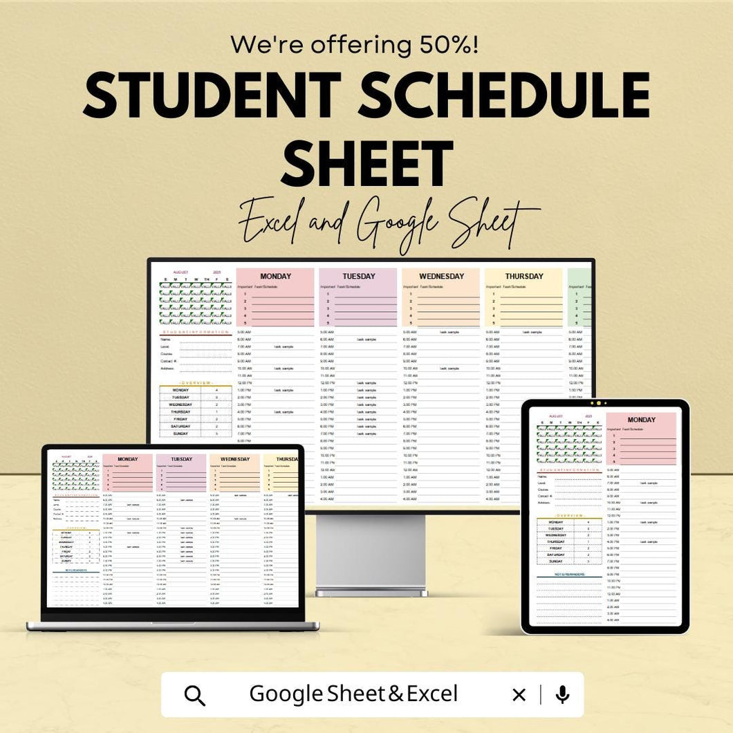 Student Schedule Sheet | Printable Study Planner | Google Sheets & Excel Template | Weekly Planner | Time Management for Students