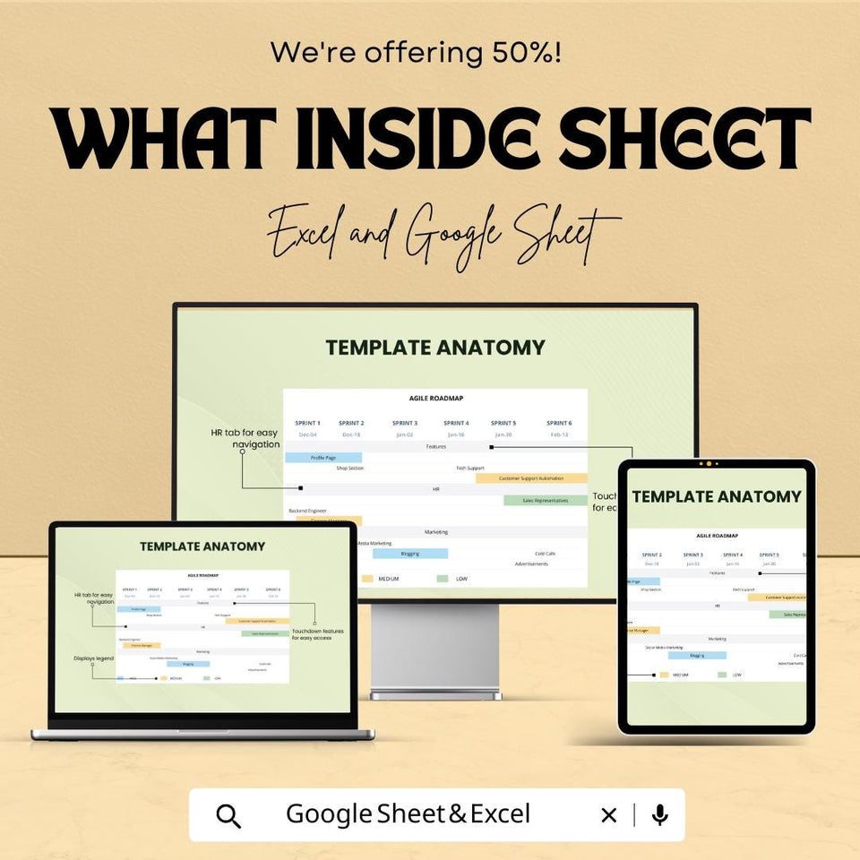 Agile Product Roadmap  - Excel & Google Sheet | Sprint Planning | Product Development Tracker | Task Prioritization Tool