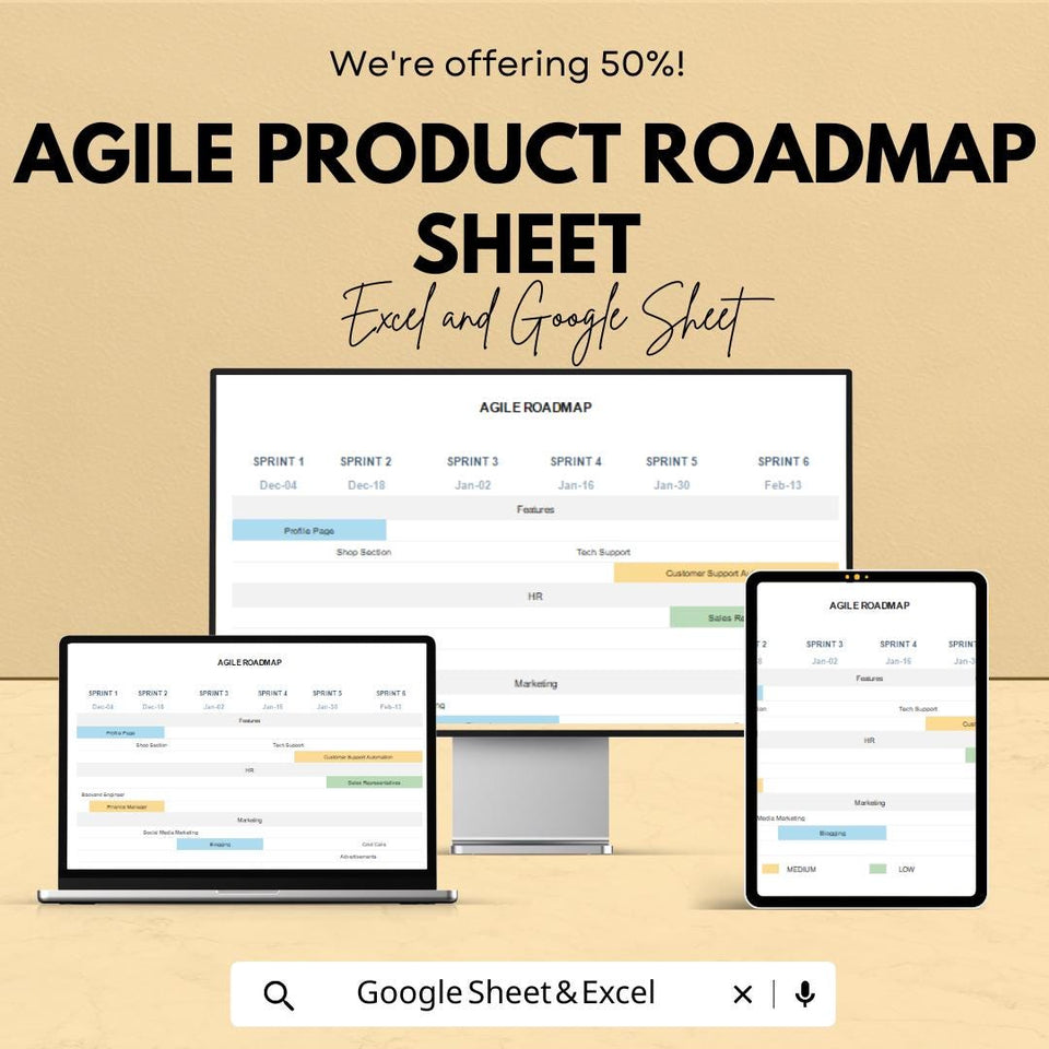 Agile Product Roadmap  - Excel & Google Sheet | Sprint Planning | Product Development Tracker | Task Prioritization Tool