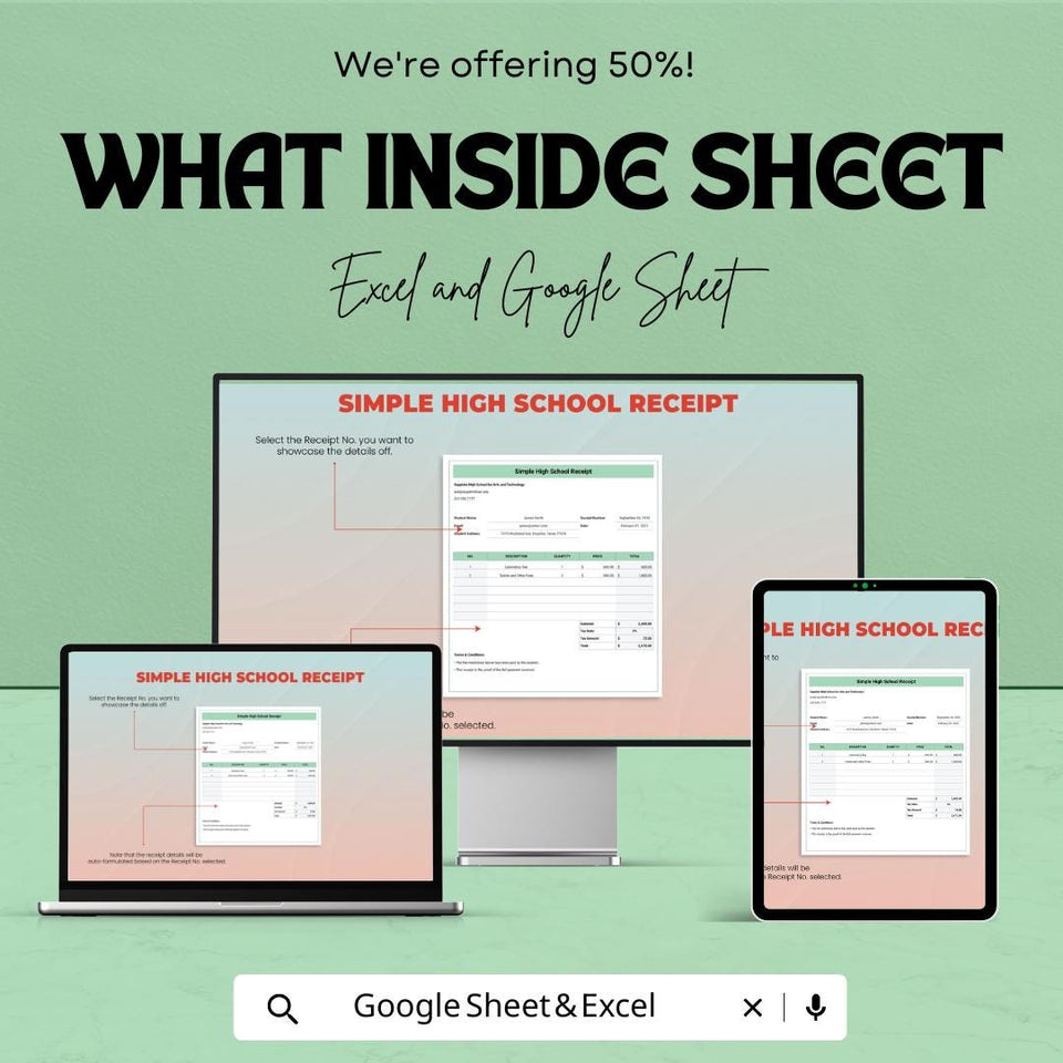Simple High School Receipt Sheet - Excel & Google Sheets Template | Customizable School Payment Tracker | Easy Invoice for Tuition and Fees