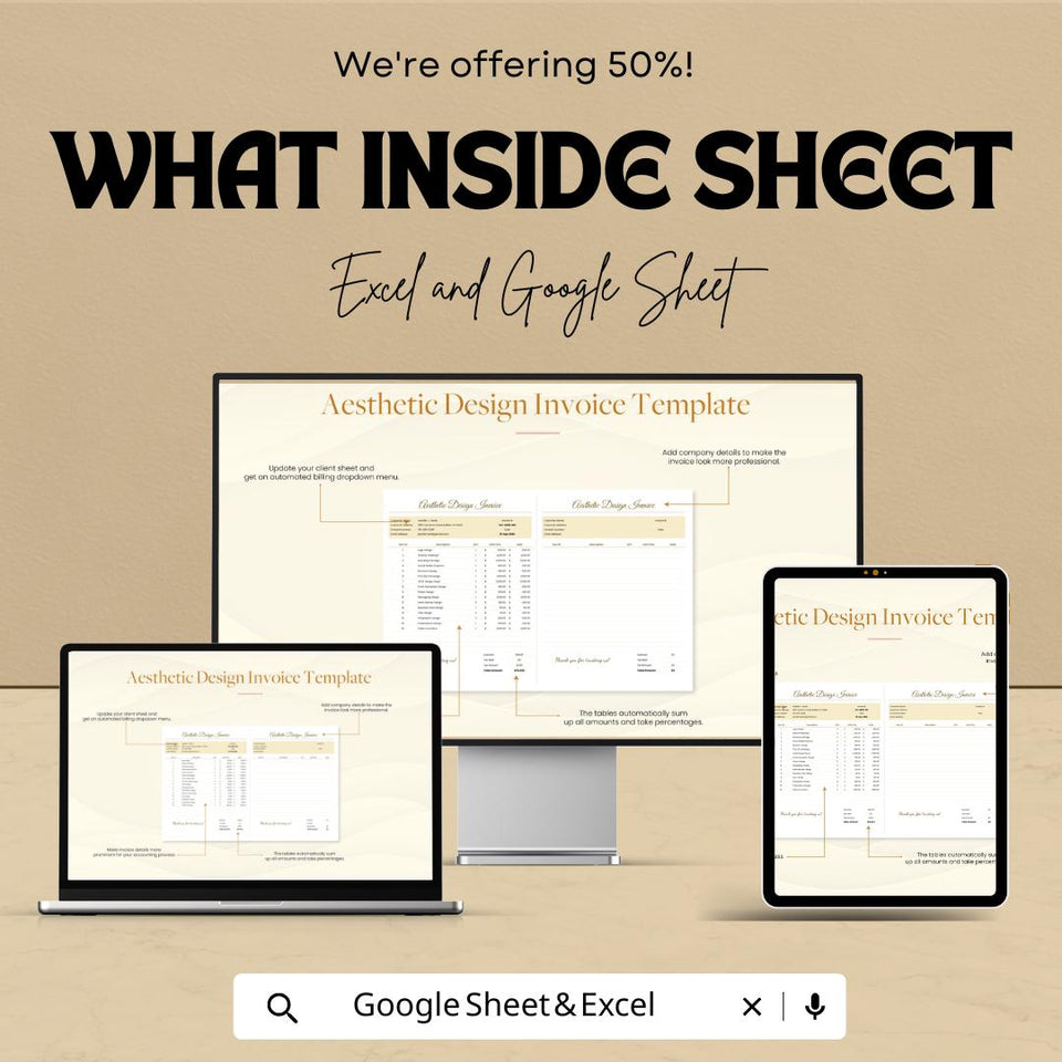 Aesthetic Design Invoice Template - Excel and Google Sheet, Professional Billing, Customizable, Track Expenses & Payments