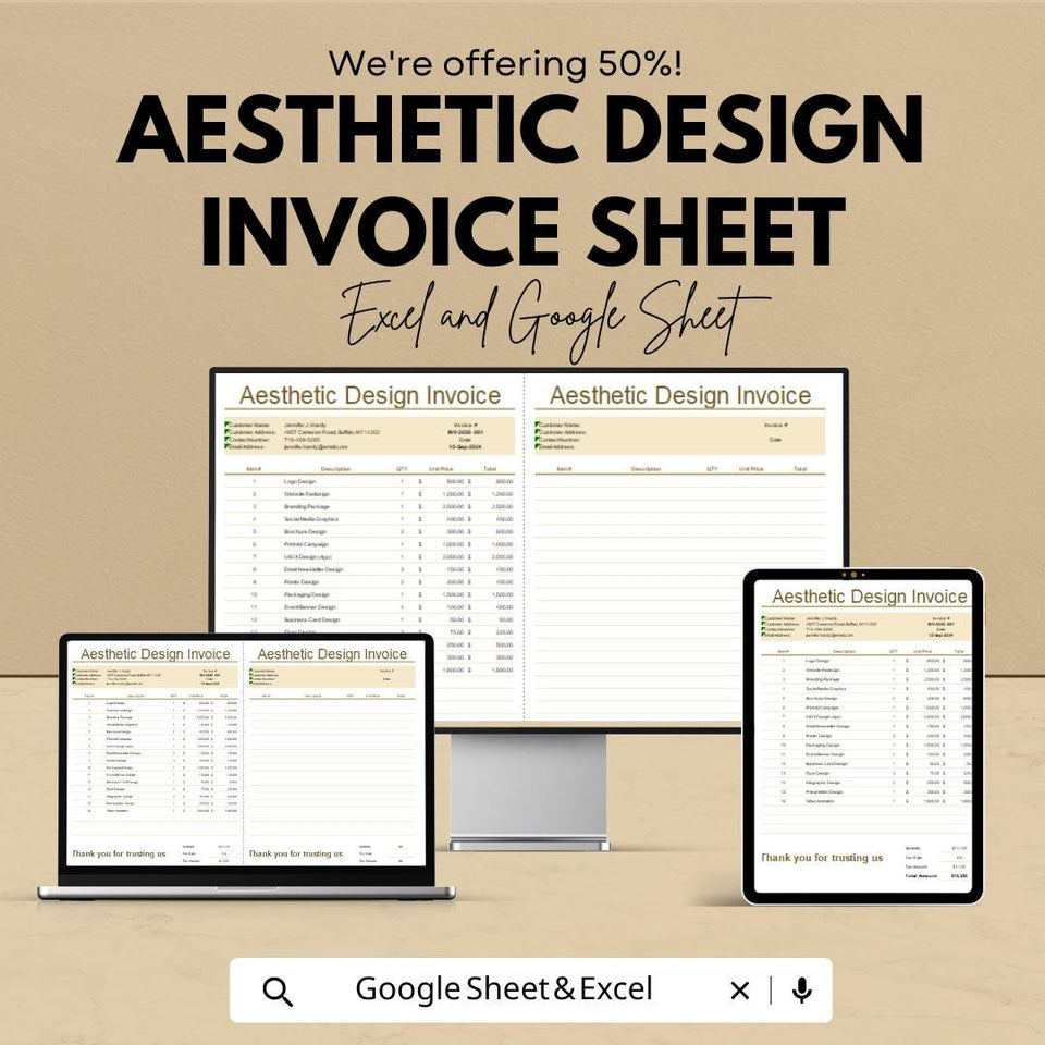 Aesthetic Design Invoice Template - Excel and Google Sheet, Professional Billing, Customizable, Track Expenses & Payments