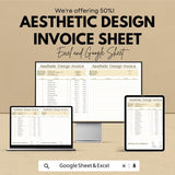Aesthetic Design Invoice Template - Excel and Google Sheet, Professional Billing, Customizable, Track Expenses & Payments