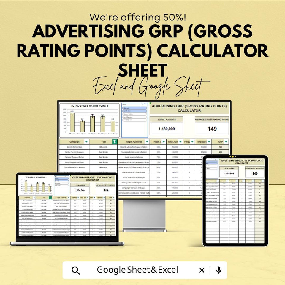 Advertising GRP Calculator | Gross Rating Points Sheet | Excel & Google Sheets | Media Planning Template | Campaign Reach Estimator