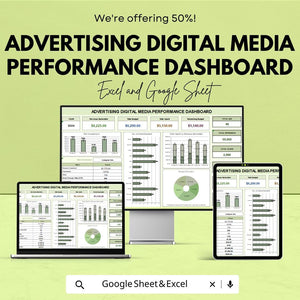 Advertising Digital Media Performance Dashboard | Excel and Google Sheets Template | Digital Ad Campaign Tracker | ROI Analysis & Metrics