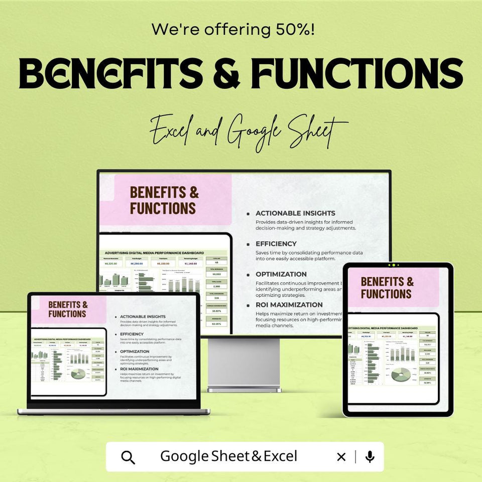 Advertising Digital Media Performance Dashboard | Excel and Google Sheets Template | Digital Ad Campaign Tracker | ROI Analysis & Metrics
