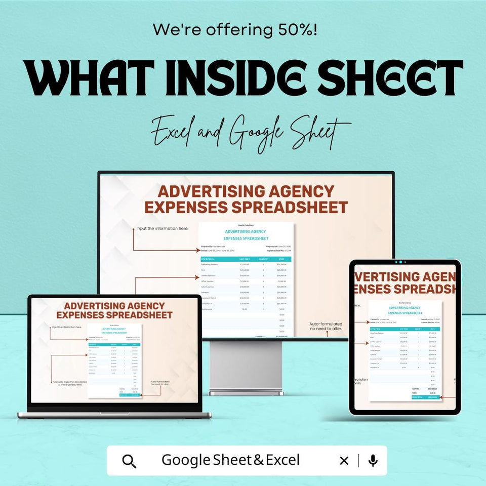 Advertising Agency Expenses Spreadsheet | Google Sheets Template | Budget Management, Track Advertising Costs, Automated Calculations