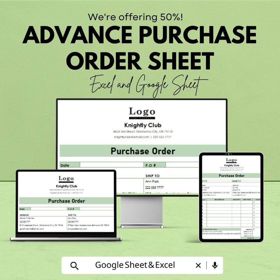 Advance Purchase Order Sheet | Editable Excel & Google Sheets Template | Purchase Form | Order Tracking Log | Printable PO Format